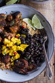 Cuban Chicken and Black Bean Quinoa Bowls with Fried Chili Spiced Bananas + Spicy Mangos