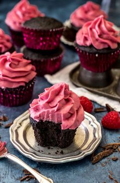 Dark Chocolate Cupcakes with Fresh Raspberry Frosting