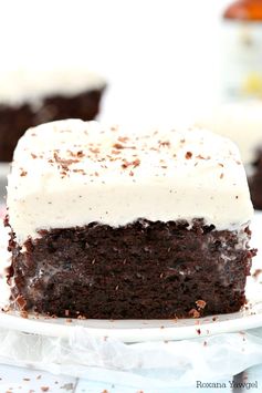 Double chocolate poke cake with vanilla bean frosting