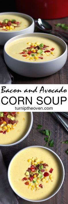 Easy Corn Soup with Bacon, Tomato and Avocado