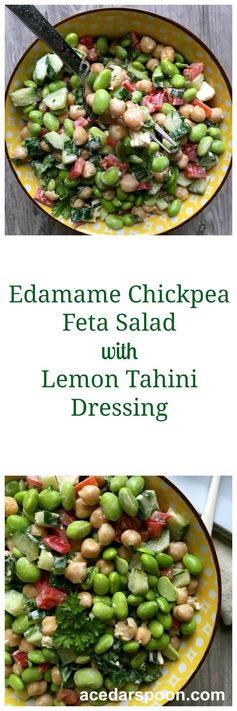 Edamame Chickpea Feta Salad with Lemon Tahini Dressing