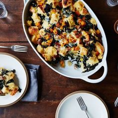 Eggless Strata with Butternut, Sausage, Kale and Fontina