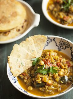 Eggplant, Tomato, and Chickpea Curry with Chickpea Rice Flatbread (Gluten Free