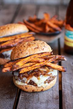 Epic Crispy Quinoa Burgers Topped with Sweet Potato Fries, Beer Caramelized Onions + Gruyere