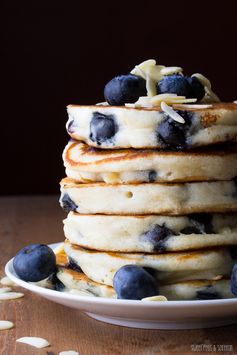 Extra Fluffy Almond Blueberry Pancakes- greek yogurt makes these pancakes so thick and fluffy