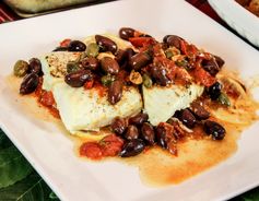 Feast of the Seven Fishes: Baked Halibut with Cherry Tomatoes, Kalamata Olives and Caper Berries (Day Six