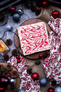 Fireball Cinnamon Whiskey Christmas Fudge with Candy Cane and Red Peppermint Swirl