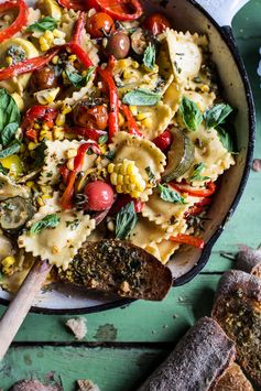 Garden Veggie and Ravioli Skillet with Pistachio Herb Butter