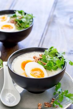 Ginger Congee with Egg and Crispy Shallots