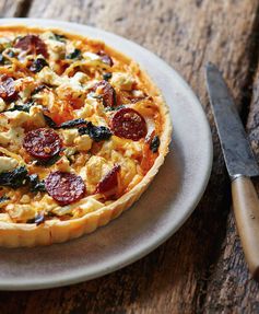 Gluten-free spinach, feta and chorizo tart