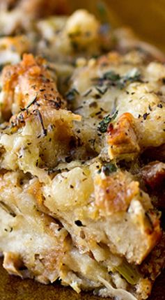Golden Torn-Bread Stuffing (or “Dressing” with Four Cheeses and Spicy Italian Sausage