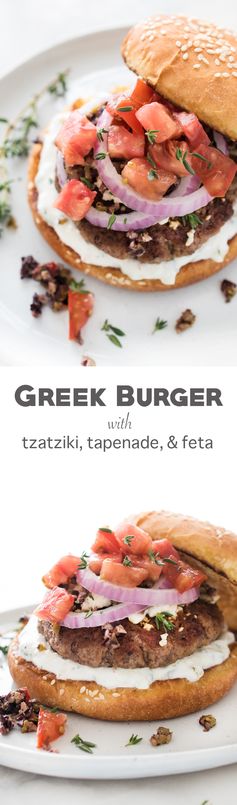 Greek Burger with Tzatziki, Tapenade, and Feta