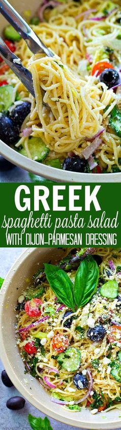 Greek Spaghetti Pasta Salad with Dijon-Parmesan Dressing