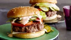 Griddle Burger with 18000 Island Dressing and Quick Pickles