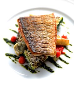 Griddled South Coast sea bass with provençal vegetables and basil oil