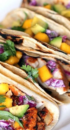 Grilled Chili-Lime Fish Tacos with Sour Cream Cabbage Slaw + Mango & Avocado