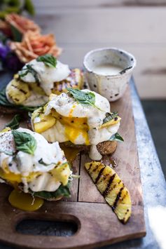 Grilled Pineapple Caprese Eggs Benedict with Coconut-Almond Hollandaise