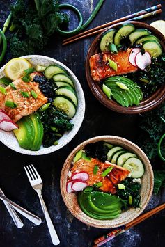 Grilled Salmon Bowls with Garlic Scapes and Kale