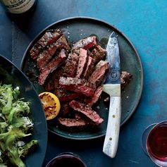 Grilled Skirt Steak with Shishitos and Charred Lemon