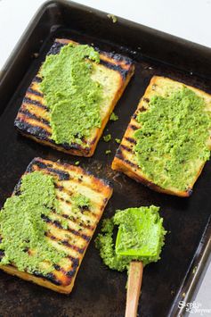 Grilled Tofu Steaks with Pistachio & Garlic Scape Pesto