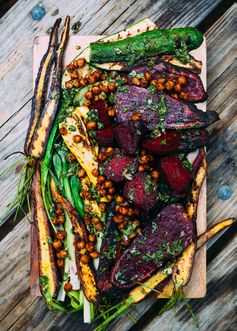 Grilled Veggies with Pan Fried Chickpeas and Chimichurri