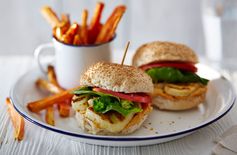 Halloumi burgers with red pepper houmous and sweet potato chips