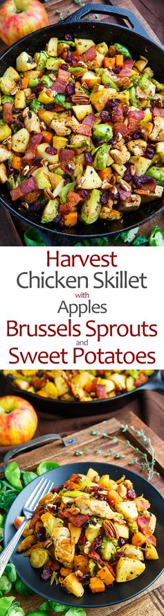 Harvest Skillet Chicken with Apples, Brussels Sprouts and Sweet Potatoes