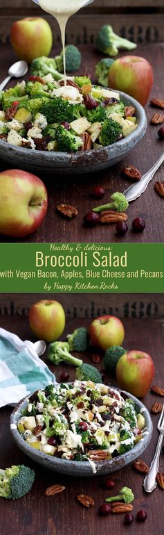 Healthy Broccoli Salad with Vegan Bacon, Apples, Blue Cheese and Pecans