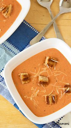 Homemade Cream of Tomato Soup with Grilled Cheese Croutons