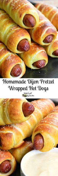 Homemade Dijon Pretzel Wrapped Hot Dogs with Maple Dijon Dipping Sauce