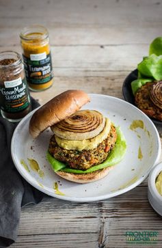 Indian-Spiced Veggie Burgers with Curry Avocado Yogurt Sauce