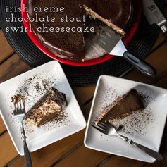 Irish Creme Chocolate Stout Swirl Cheesecake with Bourbon Ganache