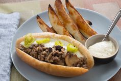 Italian Beef Grinders with Aged Cheddar Cheese Sauce & Crispy Potato Wedges