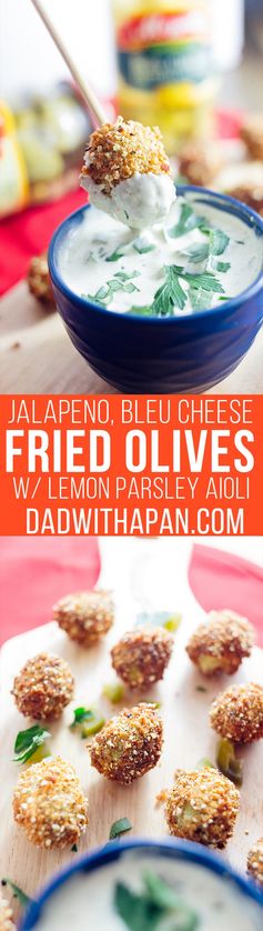 Jalapeno Bleu Cheese Fried Olives with Lemon Parsley Aioli