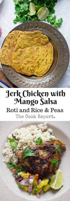 Jerk Chicken with Mango Salsa, Turmeric Roti and Rice & Peas