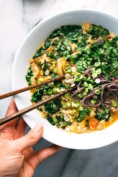 Kimchi and buckwheat noodle egg drop soup