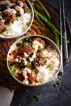 Korean Meatball Rice Bowls with Kimchi Sour Cream Sauce