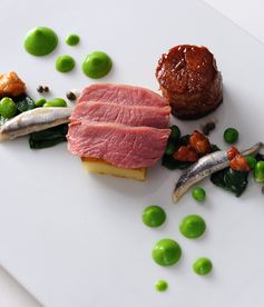 Lamb rump with wild garlic, anchovy and pea purée