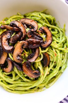 Lean Green Avocado-Spinach Pesto Pasta with Sautéed Mushrooms (vegan, gf