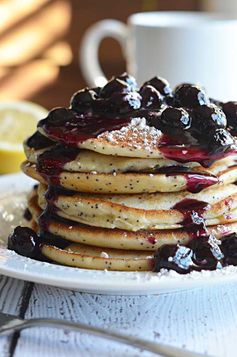 Lemon Ricotta Poppy Seed Pancakes with Blueberry Sauce