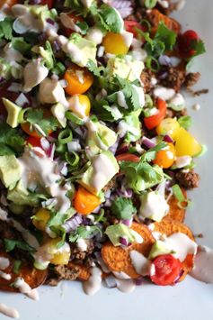 Loaded Sweet Potato Nachos with Greek Yogurt Chipotle Crema