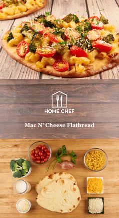 Mac N' Cheese Flatbread with broccoli and grape tomatoes