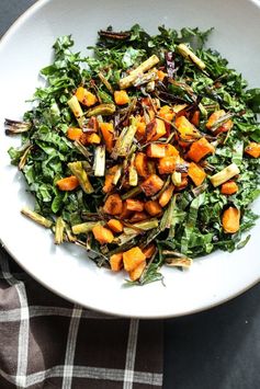 Massaged Kale Salad with Roasted Butternut Squash, Crispy Scallions and Sweet Chili Dressing