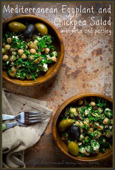 Mediterranean eggplant and chickpea salad with feta and parsley