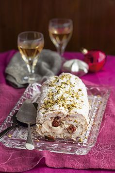 Meringue roulade with fig and pistachio filling