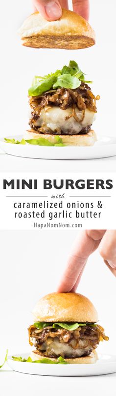 Mini Burgers with Caramelized Onions and Roasted Garlic