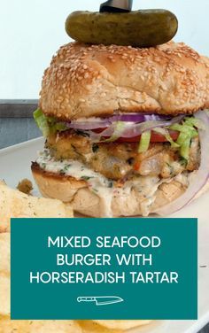 Mixed seafood burger with horseradish tartar sauce