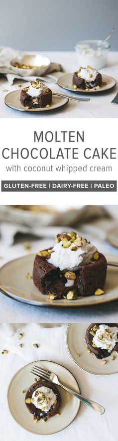 Molten Chocolate Cake with Coconut Whipped Cream and Pistachios (dairy-free, paleo