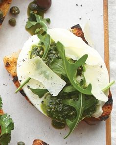 Mozzarella, Pesto, Arugula, and Parmesan Bruschetta