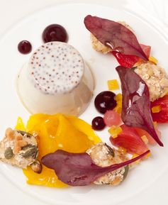 Mustard panna cotta with heritage beetroot and goat’s cheese crumble